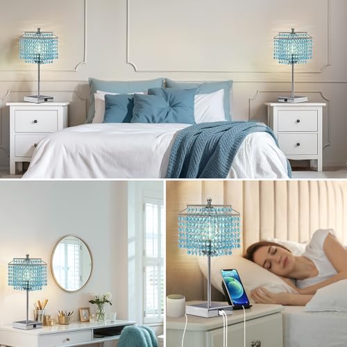 Image of Luvkczc Crystal Table Lamp with Touch Control, Bedside Crystal Table Lamp | with USB C+A Ports, Dimmable Lamp for Girls Bedroom, Living Room, Light Blue & B11 LED Bulb Included