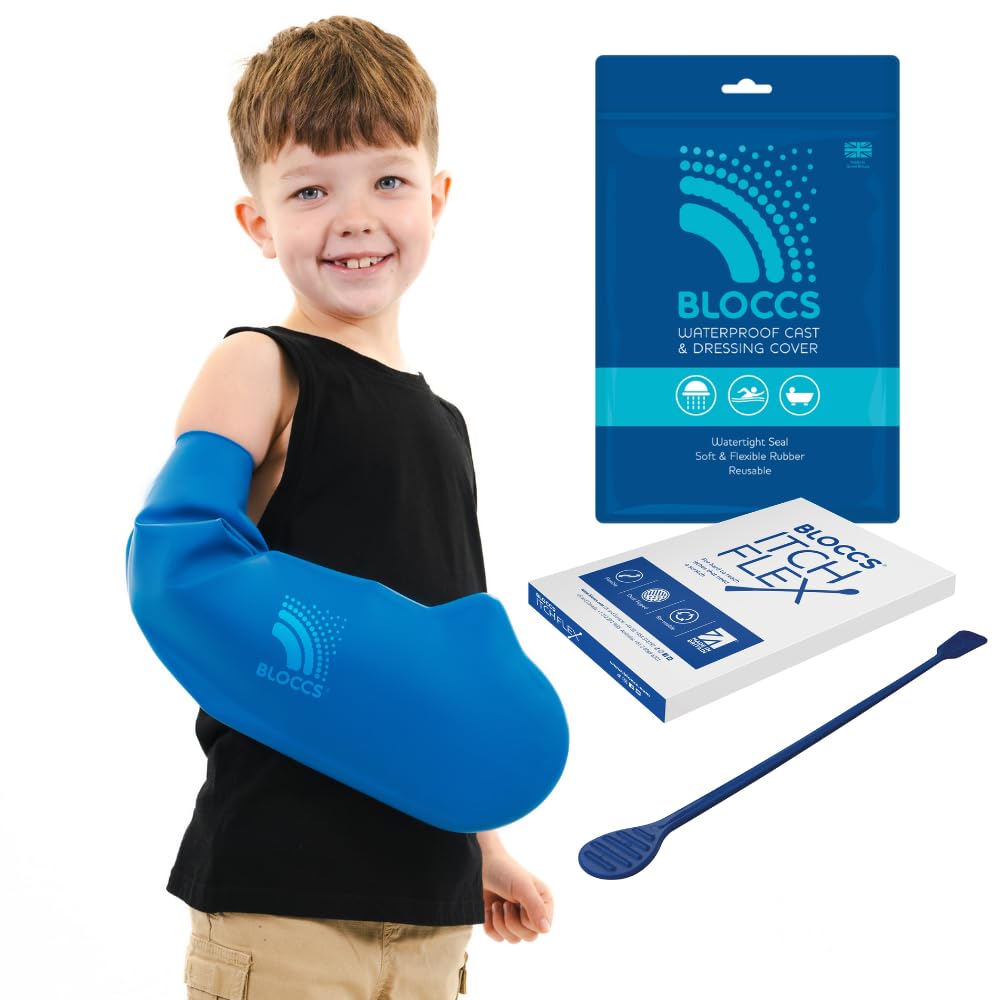 Bloccs Wasserdichtes Arm-Gips-Pflegeset für Kinder (XS) + ItchFlex Gipskratzer – Schutz beim Schwimmen & Duschen