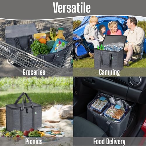 Image of VENO 2 Pack Cooler Bag and Insulated Grocery Bags for Food Delivery, Collapsible Cooler. Reusable Shopping Bags for Groceries with Hard Bottom, Zippered Top, Foldable, Heavy-Duty (Gray, 2 Pack)