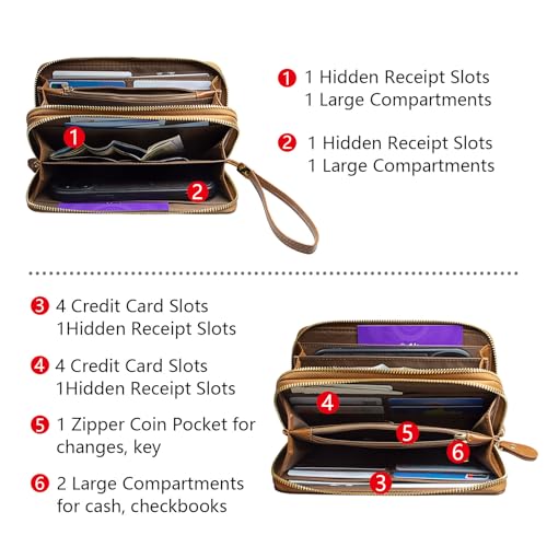 Womens Leather Wallets, Wallet for Women, Clutch RFID Blocking Leather Wristlet Purse Large Capacity Credit Card Holder with Grip Hand Strap (Brown)2