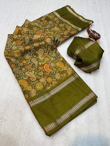 Image of Kalamkari Floral Prints Dola Silk Saree With Rich Zari Border Designer Pallu Attach Blouse Piece