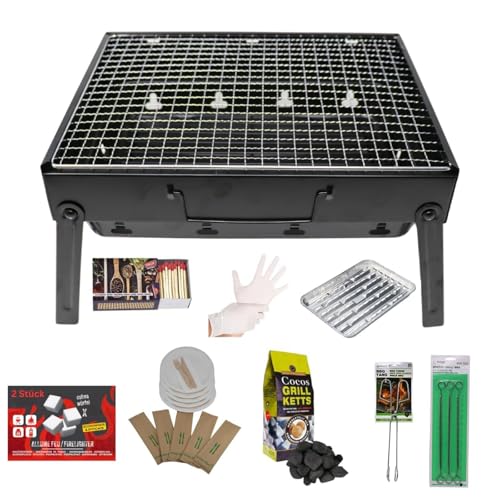 Set completo di barbecue da viaggio – Barbecue portatile a carbone con contenitore per la cenere, carboni di cocco, accendini, posate monouso e accessori – Set tutto-in-uno per giardino, balcone