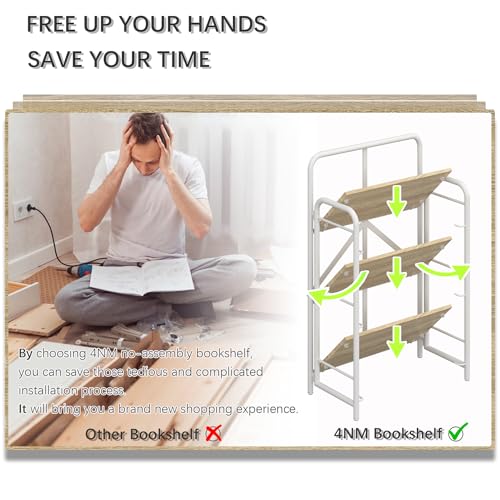Image of 4NM No Assembly Folding Bookshelf, 3 Tiers Collapsible Book Shelves Open Industrial Foldable Storage Bookcase Shelf for Bedroom, Living Room, Home Office - Natural and White