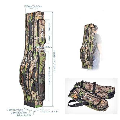 Srempeom 3 Layers Fishing Pole Bag,Portable 3 Layers Oxford Folding Rod Carry Case,Fishing Reel Tackle Storage Bag Case,Tree camouflage 120cm/47.2inch