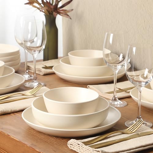 Image of Gibson Elite Leeds Court Plates and Bowls Sets, 16-Piece Stoneware Dinnerware Sets, Cream White, Round Speckle Reactive Glaze Dish Set