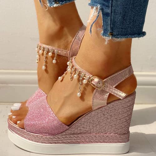 GUNIYIFS Womens Wedge Platform Sandal Summer Espadrilles Flatform Casual Sandal Dressy with Pearl Open Toe High Heels Sandals3