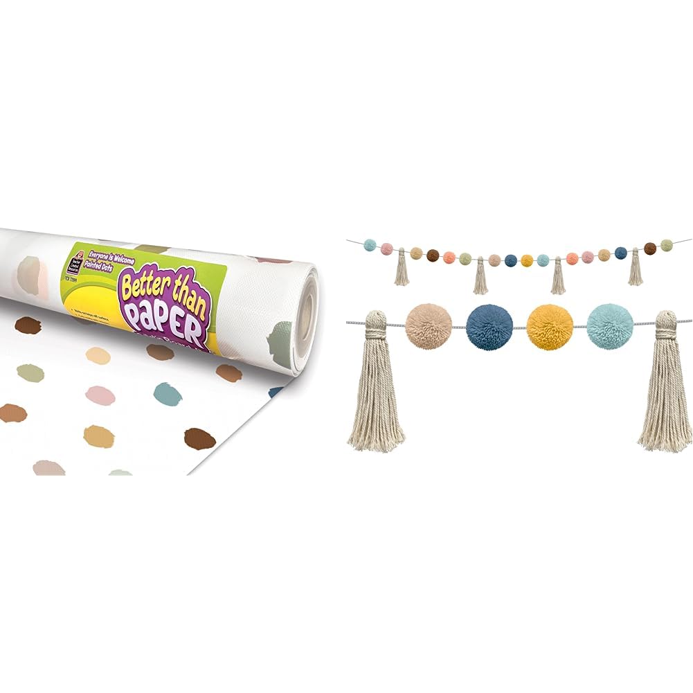 Teacher Created Resources Everyone is Welcome Painted Dots Better Than Paper Bulletin Board Roll & Everyone is Welcome Pom-Poms and Tassels Garland (TCR7157)