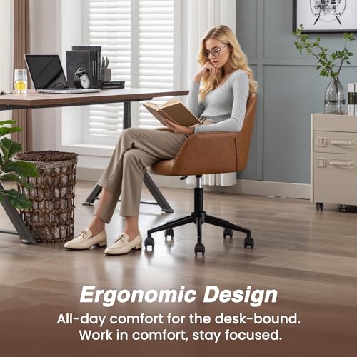 Image of Modern PU Leather Office Chair Set of 2, Height Adjustable Comfy Desk Chair with Wheels, 18.3 inch Wide Swivel Armchair for Living Room Home Office Computer, Brown