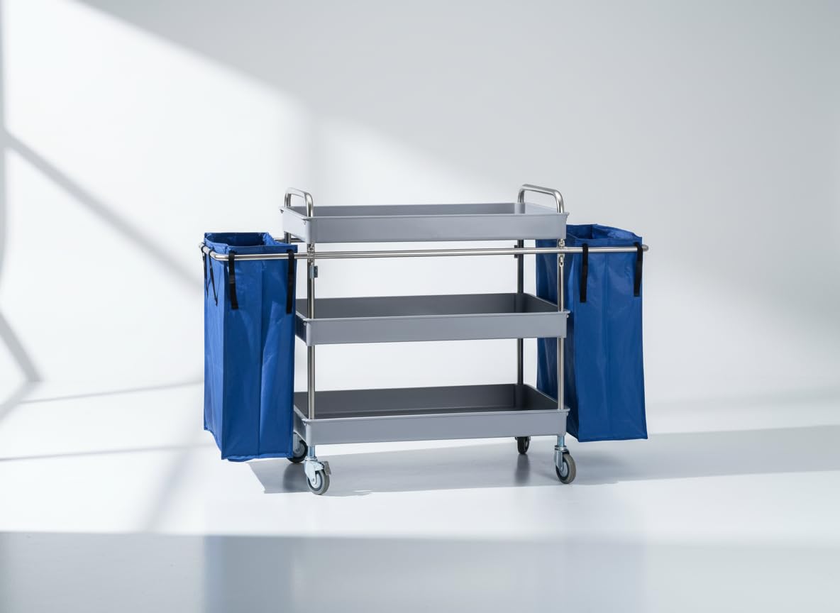 Jofel - AL50150, Carro Camarera Metálico, 3 Bandejas Grandes Y 2 Bolsas Laterales, Totalmente Desmontable, Para Horeca, Hoteles, Geriátricos, Residencias, Hospitales, Clínicas