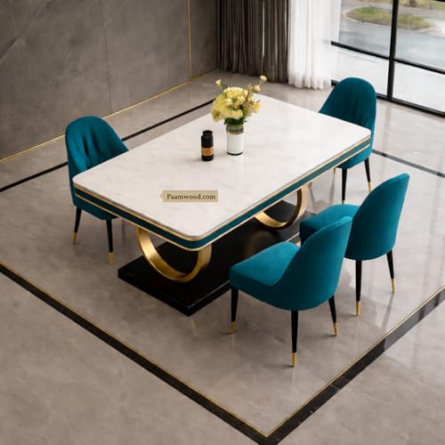 Image of Ring Dining Table Set 4 Seater Marble Finish Dining Table Set with Gold Metal Base & Cushioned Chairs - 2yr Warranty - Modern Dining Table for Home & Kitchen (54 x 36 x 30 Inch) (Sea Blue)