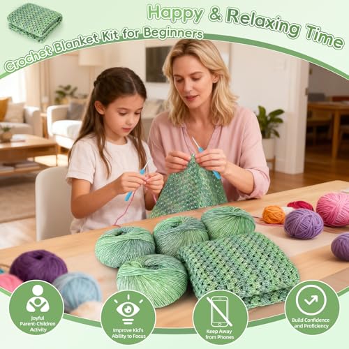 Image of Aeelike Blanket Crochet Kit for Beginners, Super Easy Crochet Blanket Kit with Soft & Colorful Gradient Yarns Detailed Video Tutorials Crocheting Accessories, Moss Green Gradient & Ideal Gift