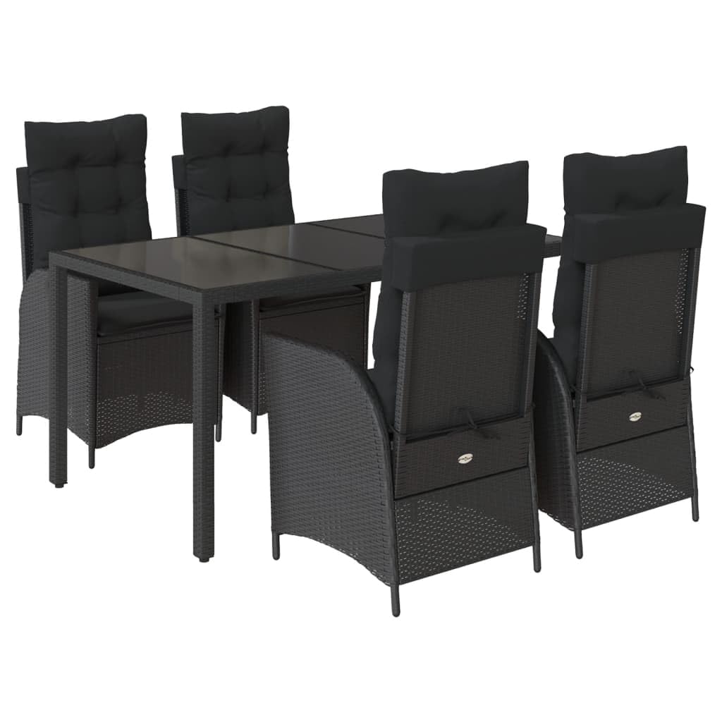 5-TLG. Zestaw obiadowy ogrodowy, czarny, poly rattan, regulowany fotel relaksacyjny z poduszką, na taras, balkon, do jadalni