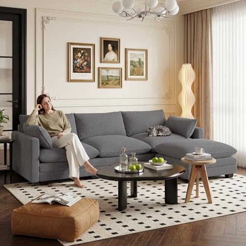 Image of Gizoon 110'' Oversized L Shaped Couch for Living Room, Cloud Couches with Washable Corduroy Cover, Modern 4-Seater Comfy Deep-Seat Sofa with Movable Ottoman and 2 Throw Pillows for Apartment, Gray