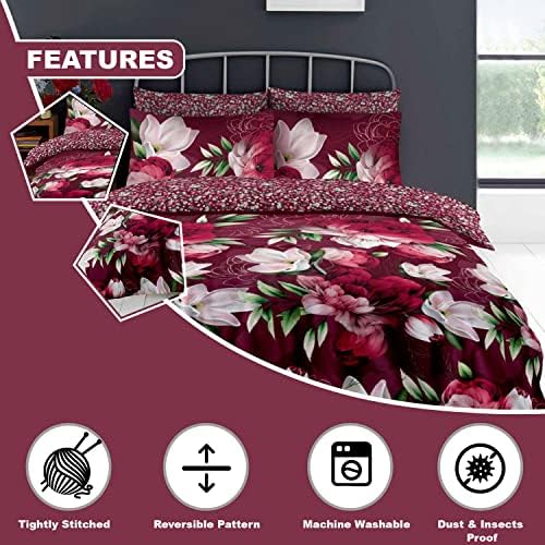 Lions 4 Piece Complete Bedding Set - Red Flower Printed 1x Duvets Cover 2x Pillowcase 1x Bed Sheet, Ultra Soft Reversible Poly Cotton Quilt Covers for Girls Women, King Size Bedding