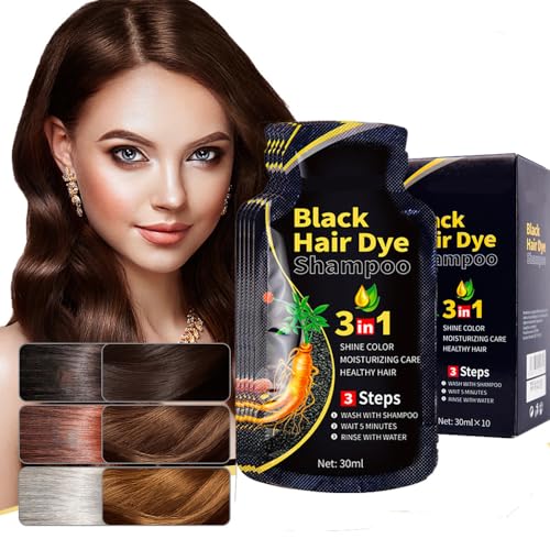 Champú natural de tres en uno para teñir el cabello, champú de teñido rápido instantáneo, 1.tinte para el cabello universal para hombres y mujeres, 10 pcs, un total de 300ml. (marrón oscuro)
