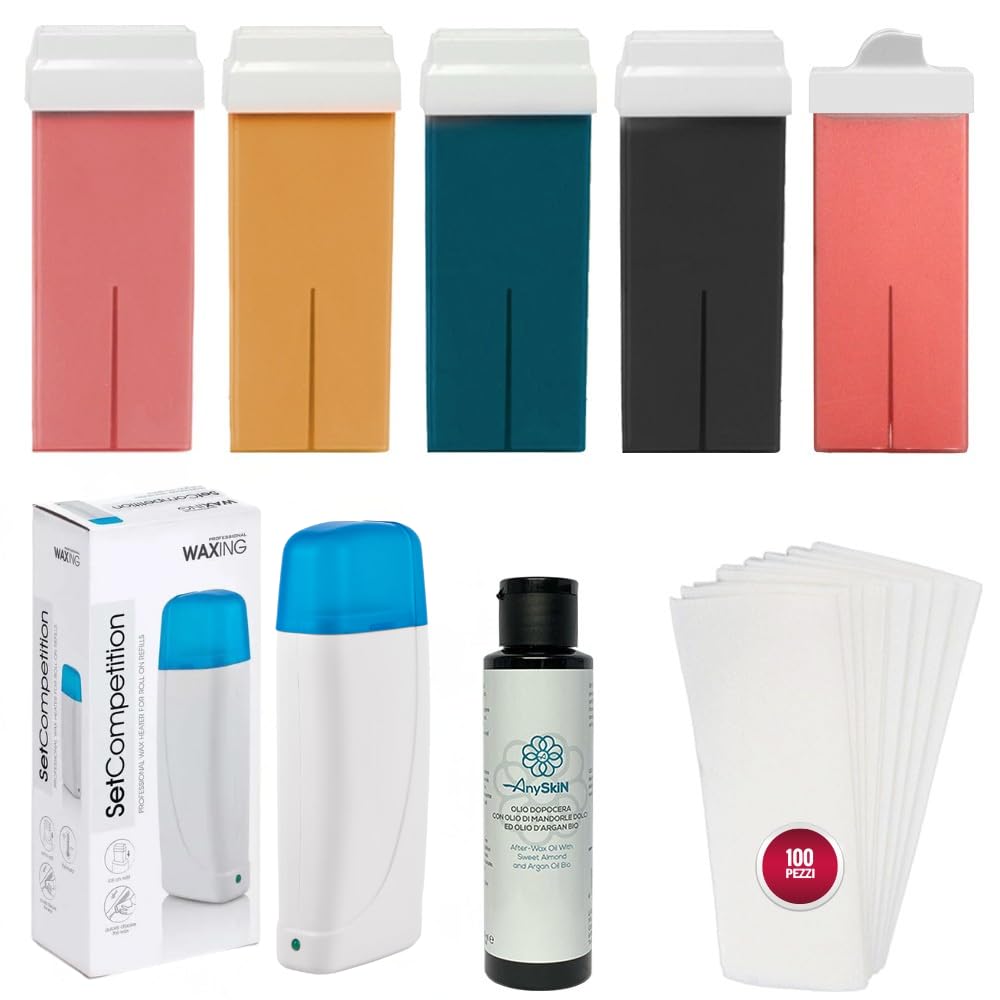 Anyskin Kit d'Épilation Professionnelle - Chauffe-Cire, 5 Roll-On Made in Italy, Huile Après-Épilation 100 ml, 100 Bandes TNT