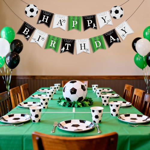 Image of Hooqict Soccer Happy Birthday Banner Birthday Party Decorations Soccer Party Banner Garland Sign for Kids Boys Men Sport Theme Game Day Decorations Supplies