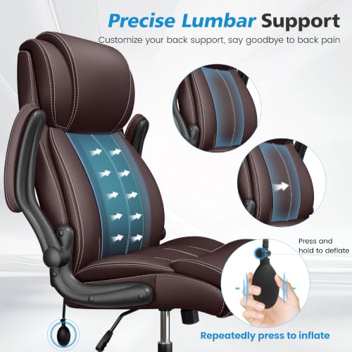 Image of Ergonomic Office Chair, High Back Executive Leather Desk Chair | Inflatable Lumbar Support for Back Pain Relief, Heavy-Duty Computer Desk Chair for Long Workdays, Flip-Up Armrests, Coffee