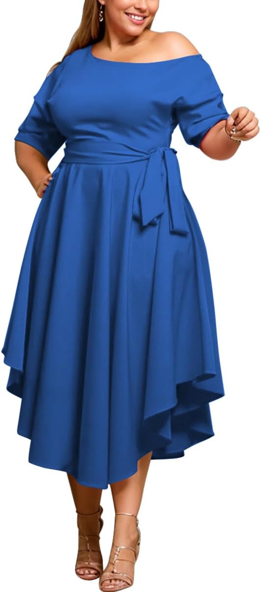 Plus Size Women Wedding Guest Dress Off Shoulder Boat Neck Irregularly Flowy Midi Church Dress
