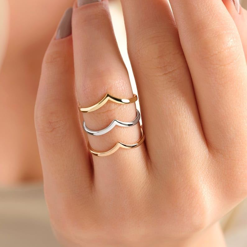 V Shape Chevron Wishbone Wedding Ring Curved Band, V Design Simple Promise Ring Women, Contoured Knuckle Engagement Rings - GJH0964