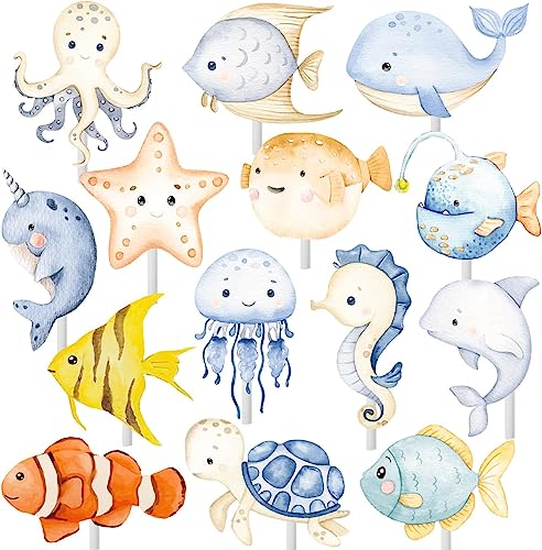 Decoração bolo oceano, 36 peças marinha Cupcake Toppers, decoração para bolos do mar, oceano decoração para bolo, marinhos animais Cupcake Topper, ornamento para bolo temático oceano