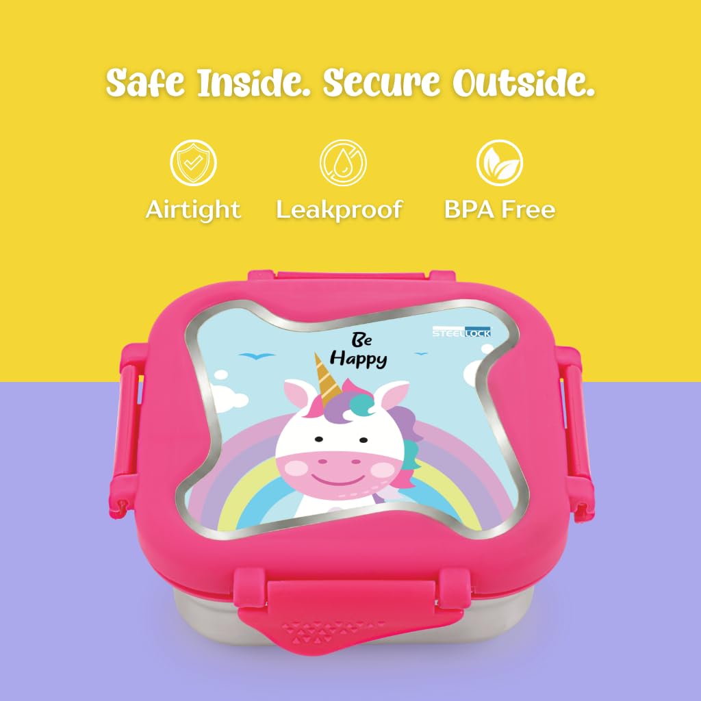 STEELLOCK Smart Kids Stainless Steel Lunch Box, Leakproof & Airtight Tiffin Box for School Boys & Girls, BPA Free Food Grade with 4-Side Clip Lock | 360 ML | Pink, 3D/UV Print Unicorn — Amazon image 5