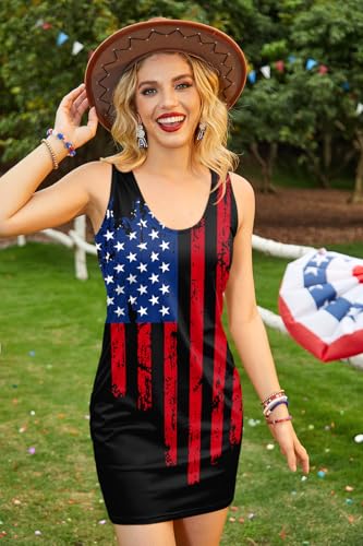 Image of For G and PL Women 4th of July American Flag Tank Dress Deep V Neck Stars Stripe Mini Patriotic Sleeveless Sundress