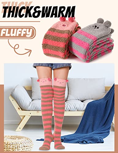 Image of MOGGEI Womens Thigh High Fuzzy Socks Warm Winter Over Knee High Long Striped Fluffy Cozy Fleece Socks 2 Pairs