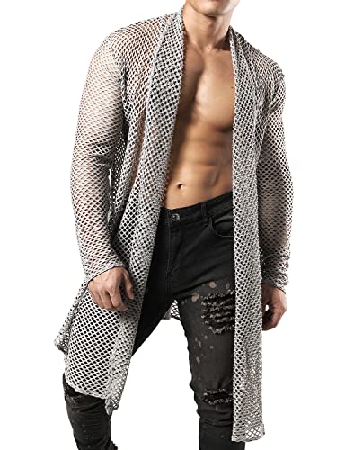 JOGAL Men's Mesh Fishnet Fitted Muscle Cardigan Large WG05 Grey - image 3