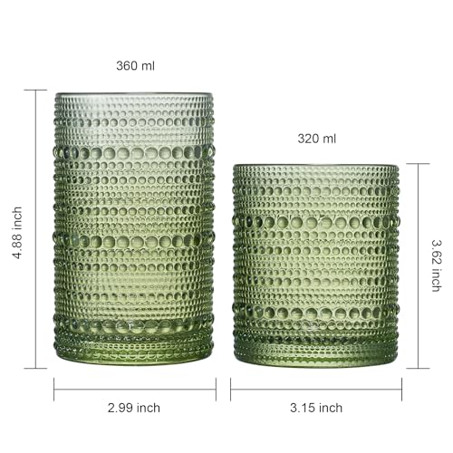 Image of Khen Hobnail Beaded Highball Drinking Tumbler Glasses | Set of 12 | Color, Vintage Bubble Design Whiskey Glassware, Old-Fashioned, Embossed Design for Water Wine, Cocktail Embossed Heavy Glass (Green)