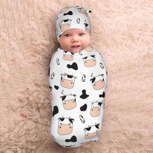Image of Lcokin Cute Cow Swaddle Blanket Hat Set for Boys Girls, Soft Cow Print Newborn Sleeping Sack Receiving Blanket Shower Gift