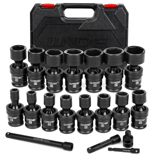 LLNDEI 3/8 Drive Universal Impact Socket Set 19 Pieces CR-MO Swivel Socket Set Metric(8-22mm) Wobble Sockets 6 Point with Extension Bars Adapter and Black Organizer