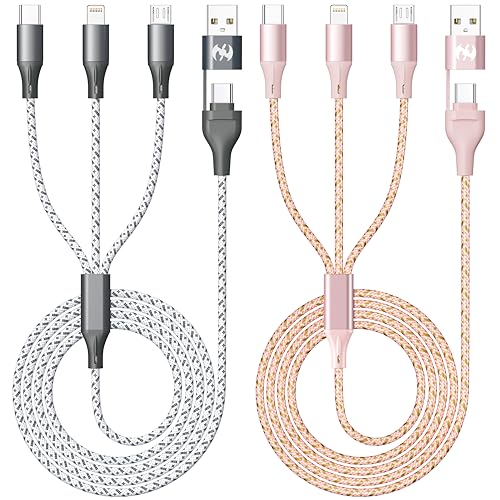 IDISON Multi Charging Cable (4ft 2Pack), 3 in 1 Charging Cable Nylon Braided USB A/C Port iPhone Charger Cord with Type C Lightning USB for Apple iPhone Android Phone -Silver Rose