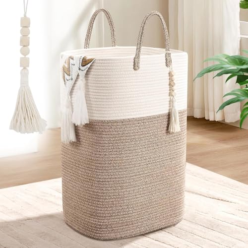 65L Woven Laundry Basket for Clothes, Large Rectangle Laundry Hampers with Beads Tassel, Nursery Storage Basket for Toys, Tall Dirty Clothes Hamper...
