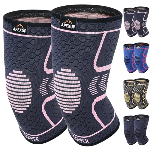 APEXUP Copper Knee Brace for Women & Men, 2 Pack Knee Compression Sleeve for Knee Pain, Arthritis Pain Relief, Meniscus Tear, ACL, Knee Support for Running, Fitness, Weightlifting (M, Pink)