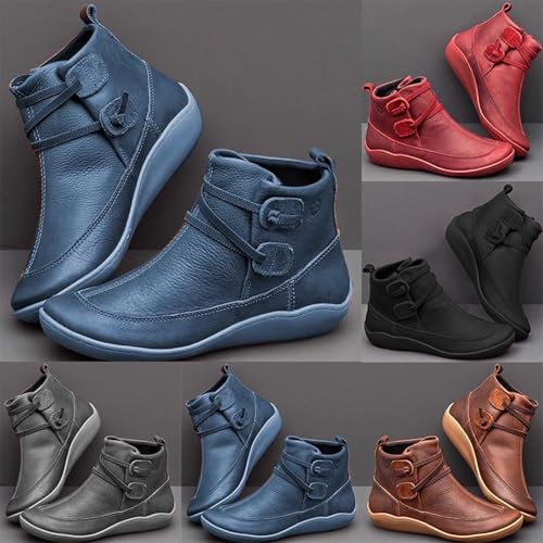 Women's Vintage Casual Short Ankle Boots, Arch Support Fashion No Heel Lace Up Retro Leather Booties Comfy Slip On Wide Fit Flat Shoes Women's Waterproof Combat Boots3