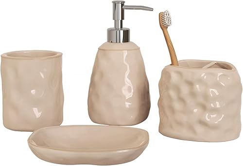 Juego de 4 accesorios de baño, soporte de cerámica para cepillos de dientes, dispensador de jabón, vaso, jabonera para encimera de tocador de baño,