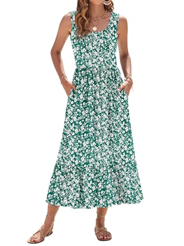 WNEEDU Summer Dresses Women UK Sleeveless Maxi Dresses Women U Neck Ladies Long Beach Dress Empire Waist Sundresses with Pockets Little Flower Green M