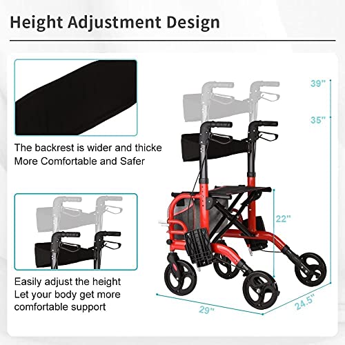 Blessreach Rolling Four Wheel Walker Rollator For Seniors, 2&1 Red Foldable Upright Rollator Walker With Seat,Adjustable Height Walker Rollator,Suitable For Middle-Aged And Elderly People… #TOP4