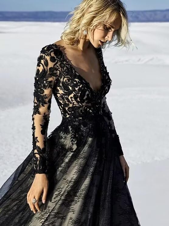 fitted lace wedding dress Black Boho Plunging Lace Tulle Wedding Dress Light Ivory / Nude Pink main image 0