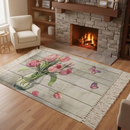 Pink Tulip Indoor Area Rug Carpet for Bedroom/Dining Room/Playroom, Vintage