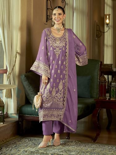 Image of INDO ERA Women's Organza Embroidered Sequinned Kurta & Pant with Dupatta Set | Women Kurta Sets With Dupatta Cotton