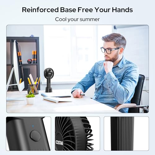 Image of COSTAR Handheld Fan, Brushless Motor Portable Hand Fan with Fan Base, 3 Speeds USB Fan, 1800mAh Battery Rechargeable for Summer and Travel Use by Women and Men (Black)