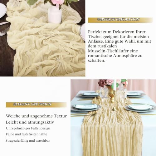 Pesonlook 6er Set Gaze-Tischläufer für Hochzeiten, 55 x 300 cm, Elfenbein – Ansicht 6