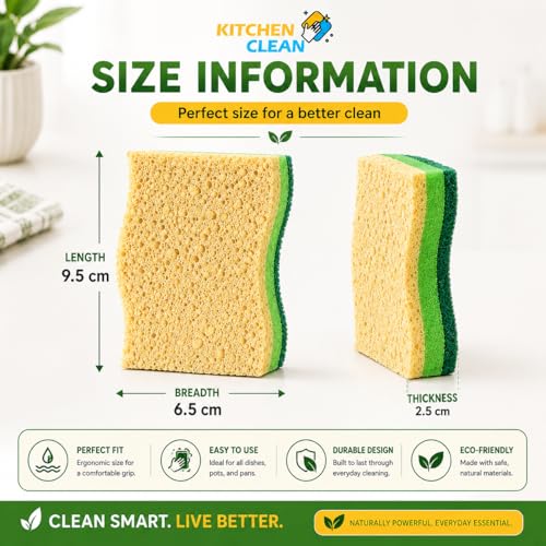 Image of Kitchen Clean 2 in 1 Cellulose Sponge Scrub Pack of 2 | 3-Layer Dish Wash Scrubber Sponge | Non-Stick Safe for Ceramic Pans, Cookware, Utensils & Kitchen Cleaning