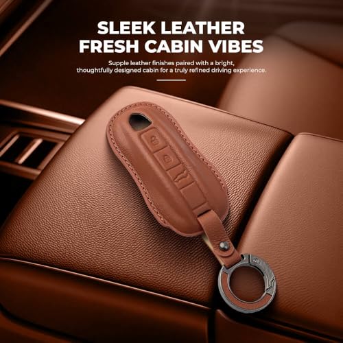 Image of Keyzone Premium Leather Key Cover & AC Vent Car Perfume Combo (4 Fragrances) | Compatible for Porsche Taycan, Cayenne, Panamera, 911, Carrera 3 Button Smart Key (Brown)