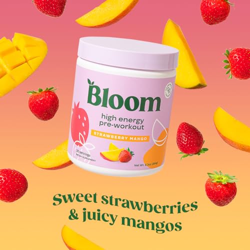 Image of Bloom Nutrition High Energy Pre Workout with Beta Alanine, Ginseng and L Tyrosine for Amino Energy, Natural Caffeine Powder from Green Tea Extract, Keto, Sugar Free Drink Mix, Strawberry Mango