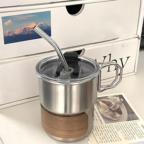 Image of Thermal Insulated Outdoor Coffee Cup Set with Handle & Straw & Lid, Stainless Steel Coffee Cups with Straws, Reusable & Stackable Stainless Steel Cup for Coffee, Tea, Milk (300ML, Pack of 1)