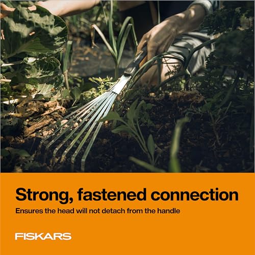Fiskars Xact Hand Rake, Heavy Duty Gardening Hand Tool with Ergonomic Handle and Hanging Hole for Storage, Stainless Steel Head and Tines, Perfect for Maintaining a Raised Garden Bed