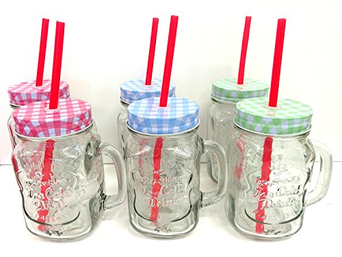 trautesheim 6er-Set Trinkglas Ice Cold mit Henkel, Rotem Trinkhalm und Schraubdeckel - in Rot, Grün & Blau 400ml - Wespen- und Insektenschutz Cover